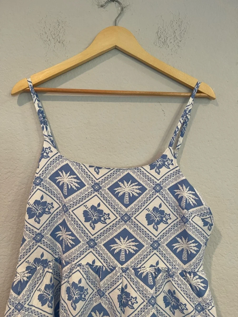 Blue Palm Tree Tile-Print Spaghetti-Strap Maxi Dress.